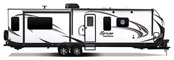2018 KZ RV Spree S333RLF Travel Trailer Exterior Rear 3-4 Door Side